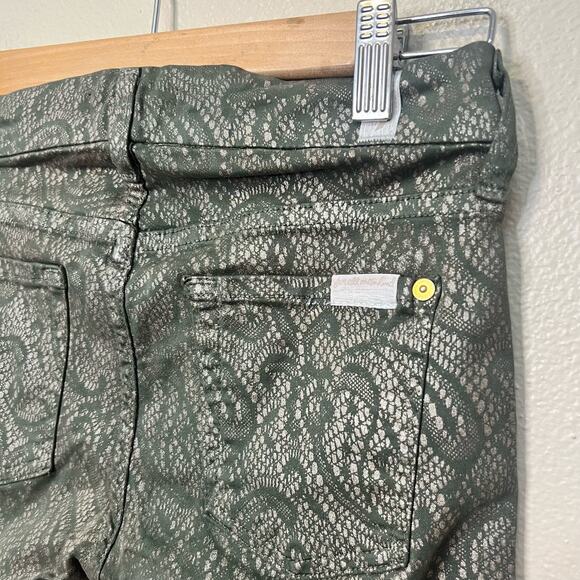 7 For All Mankind Green Lace Print Shimmer Skinny Jeans Size 25 - Picture 2 of 5